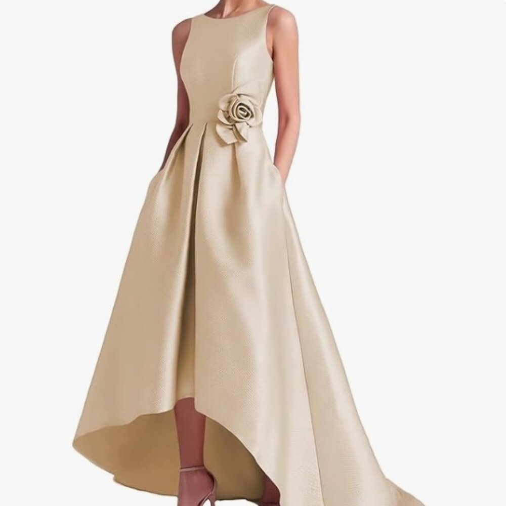 Silk Satin Hi-Low with Pockets Crew Neck A Line Formal Dress